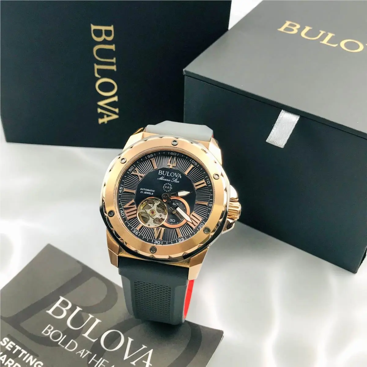 Marine Star 98A228 Grey Dial Grey Rubber Strap Men`s Automatic Watch 45mm by Bulova