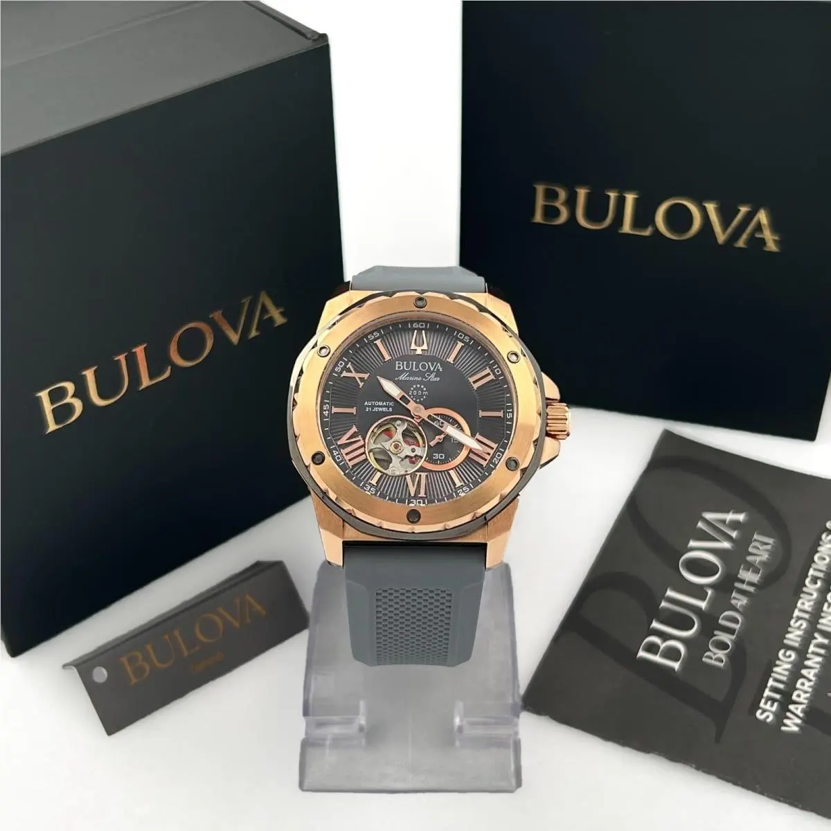 Marine Star 98A228 Men`s Automatic 44mm Rose Gold Blue Dial 200M by Bulova