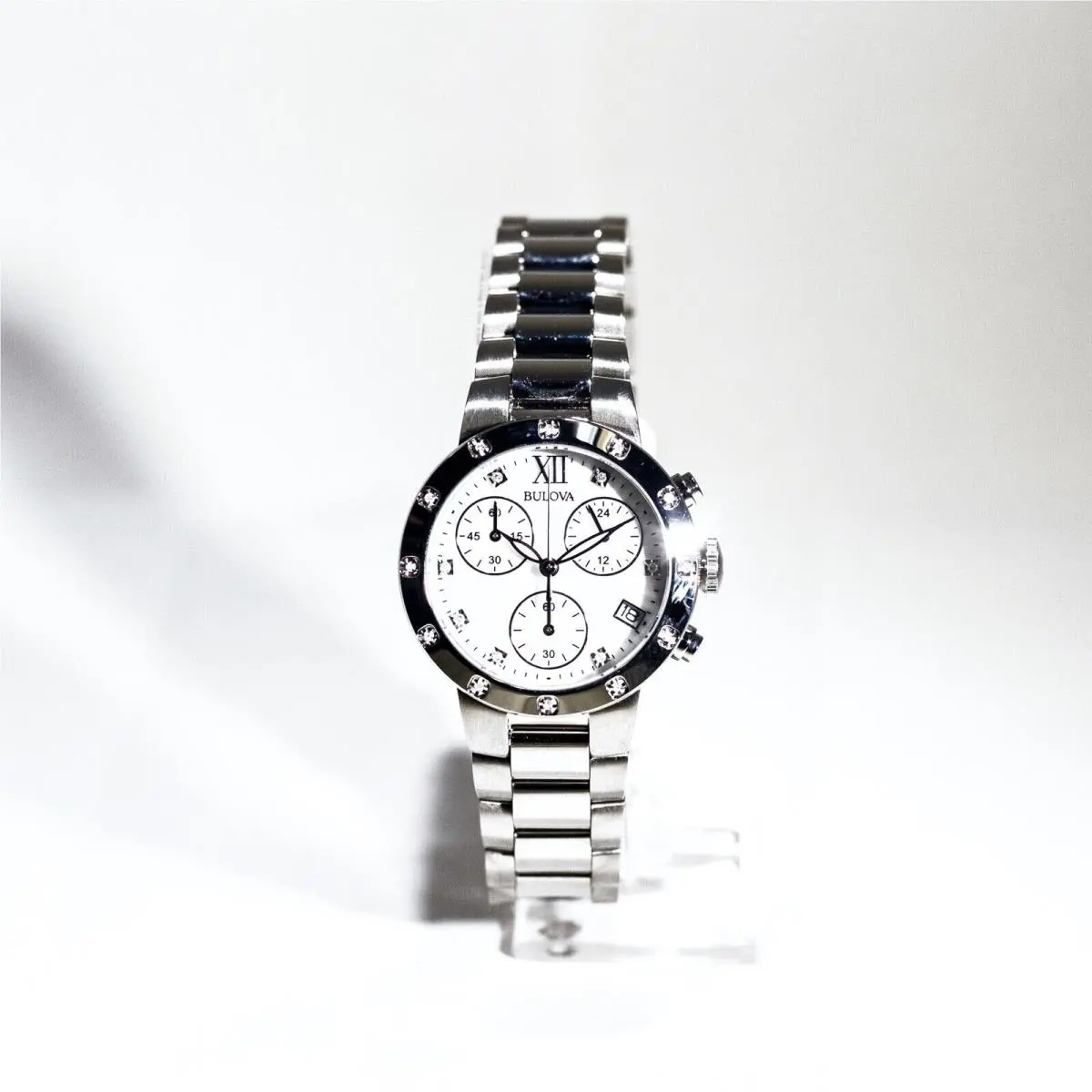 Ladies 96R202 Mother-of-pearl Chronograph Diamonds Silver-dial 29mm Bulova