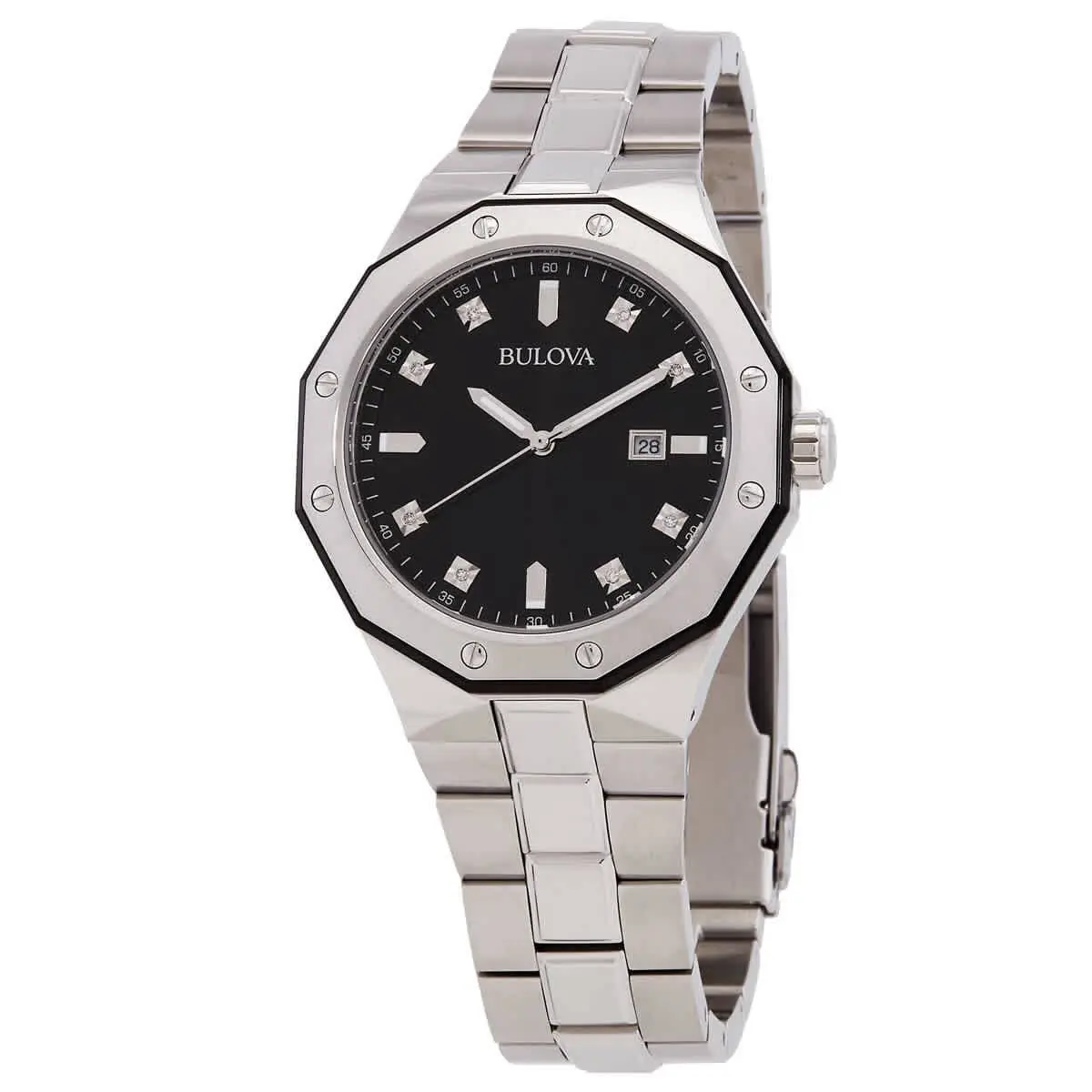Bulova Marine Star Stainless Steel Diamond Mens Watch - Dial: Black, Band: Silver, Strap: Stainless Steel