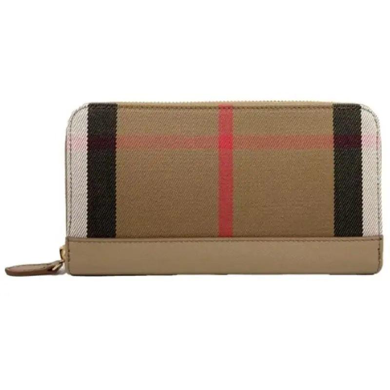 Burberry Long Zip Wallet Chestnut Beige Cotton Check Leather W/tags