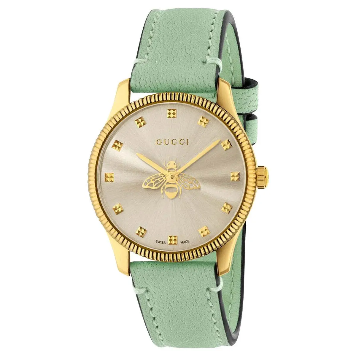Gucci G-timeless Yellow Gold Pvd Silver Dial Green Leather Women Watch YA1265040
