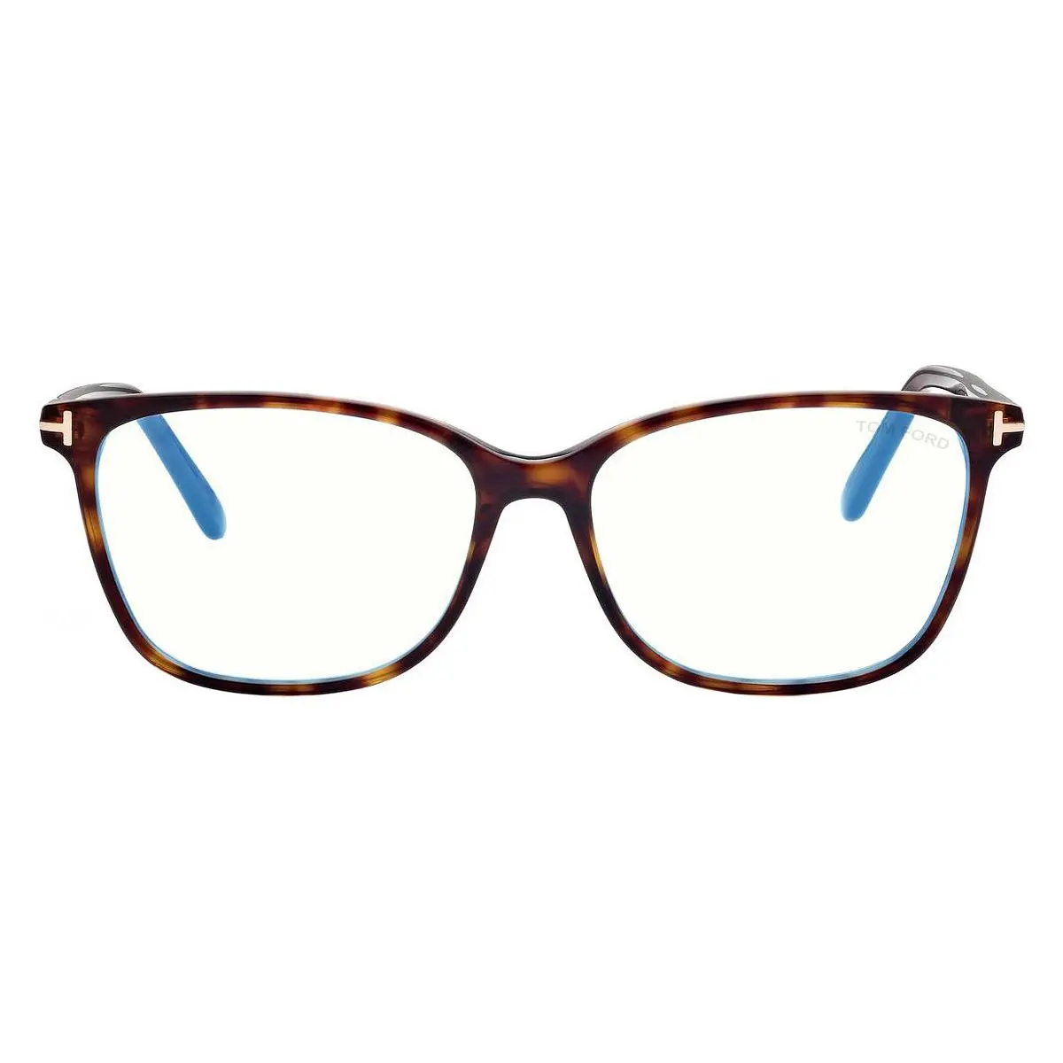 Tom Ford FT5842-B Eyeglasses Shiny Dark Havana/t Logo Blue Block 56mm
