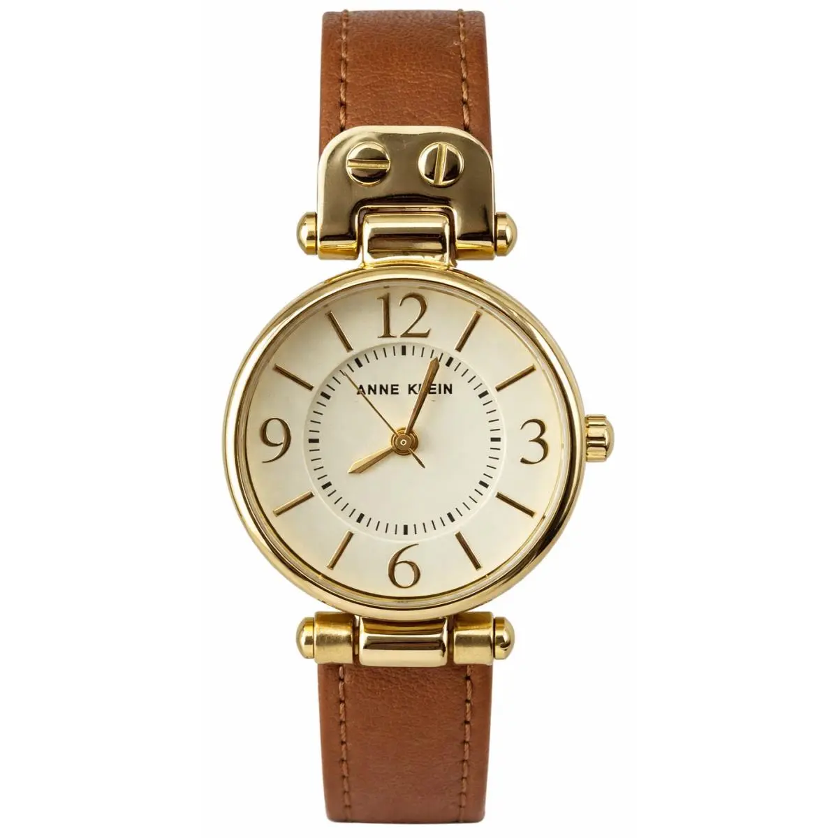 Anne Klein 10/9442CHHY Women`s Gold Tone Watch Brown Leather Strap