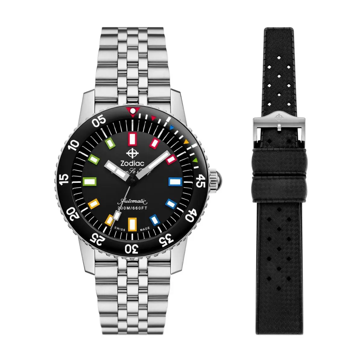 Zodiac Super Sea Wolf Compression Diver Auto Black Dial Bracelet Watch ZO9311 - Dial: Black, Band: Silver