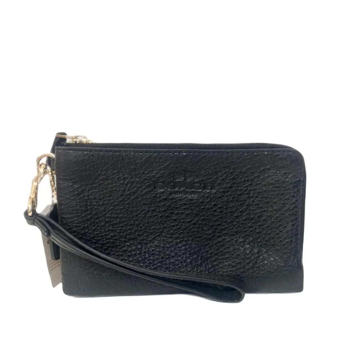 Coach Double Corner Zip Wristlet in Pebble Leather - Black, Handle/Strap: Black, Exterior: Black