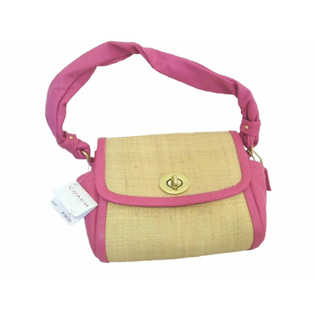 Coach 42475 Parker Leather Trimmed Straw Handbag Purse Pink