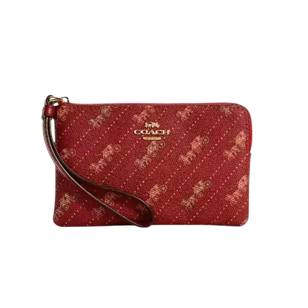 Coach Corner Zip Wristlet with Red Horse and Carriage Dot Print - Red, Exterior: Red