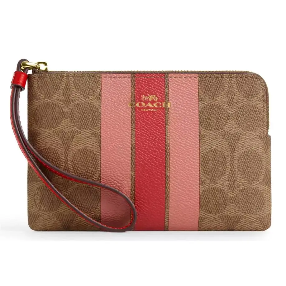 Coach Corner Zip Wristlet - CAQ76 Tan Multi Orange Signature Canvas
