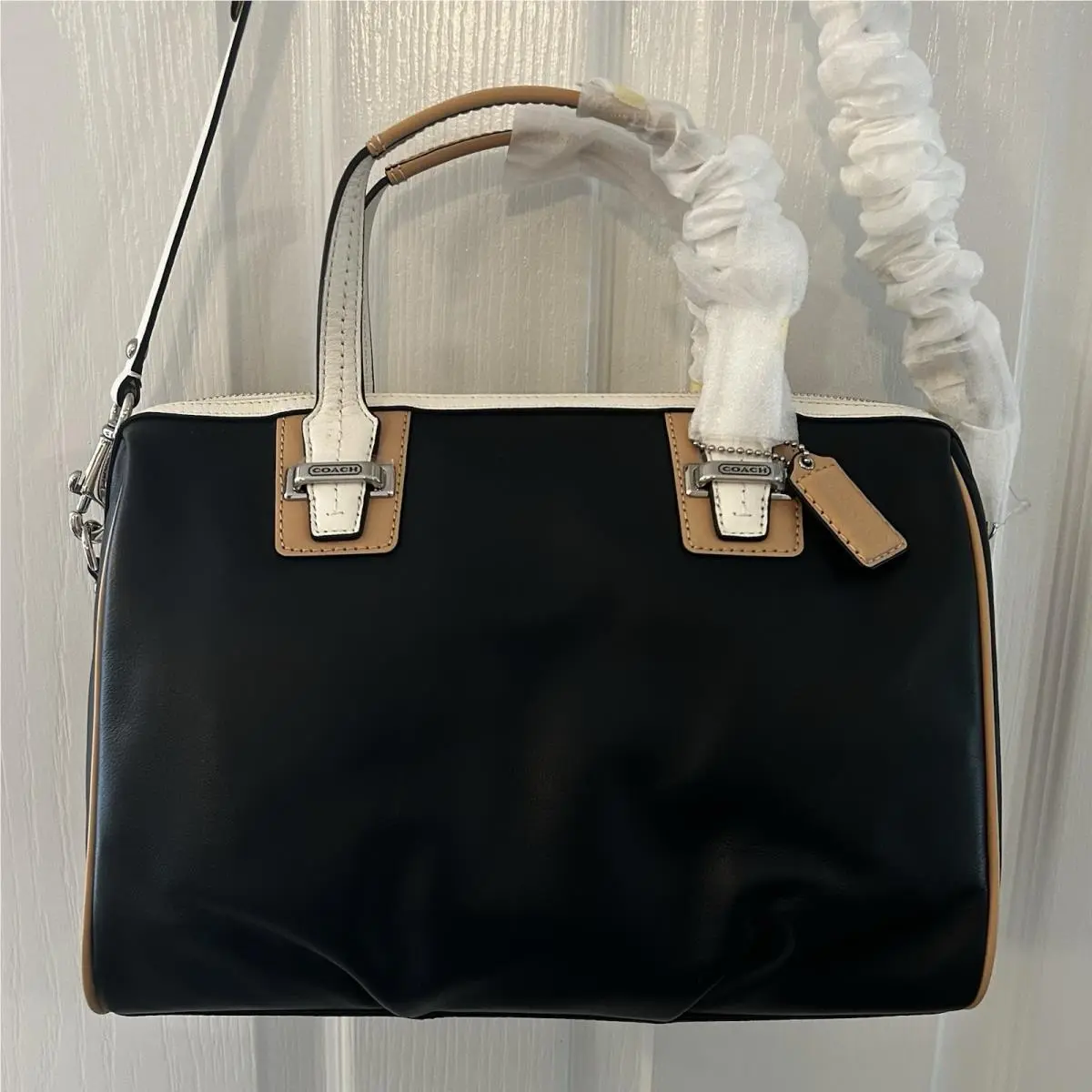 Coach Taylor Spectator Satchel Soft Black Leather Bag Cream Taupe F27027