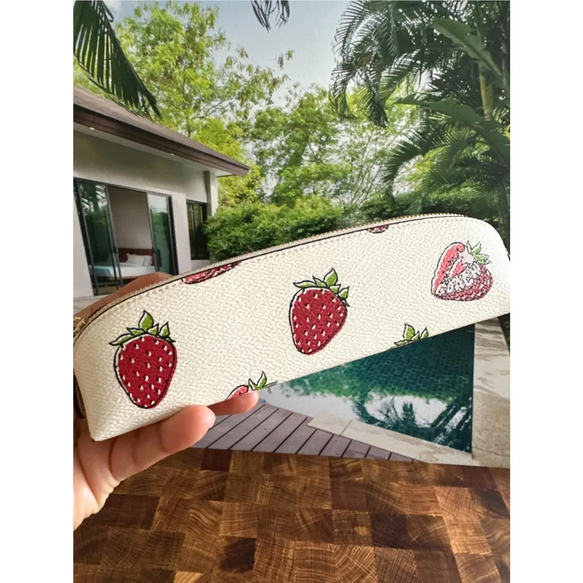 Coach Pencil Case - CAP08 Chalk Multi Strawberry Print Canvas/leather
