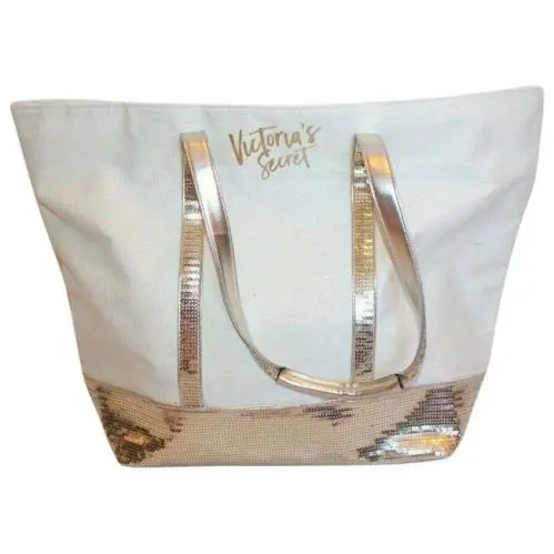 Victoria`s Secret Champagne Shimmer Gold Sequins Carry On Canvas Travel Tote Bag
