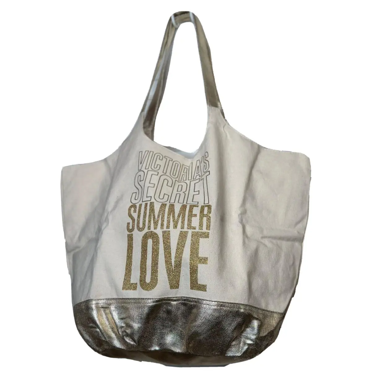 Victoria`s Secret Summer Love Shimmer Canvas Sparkle Gold Tote Bag Large Beach