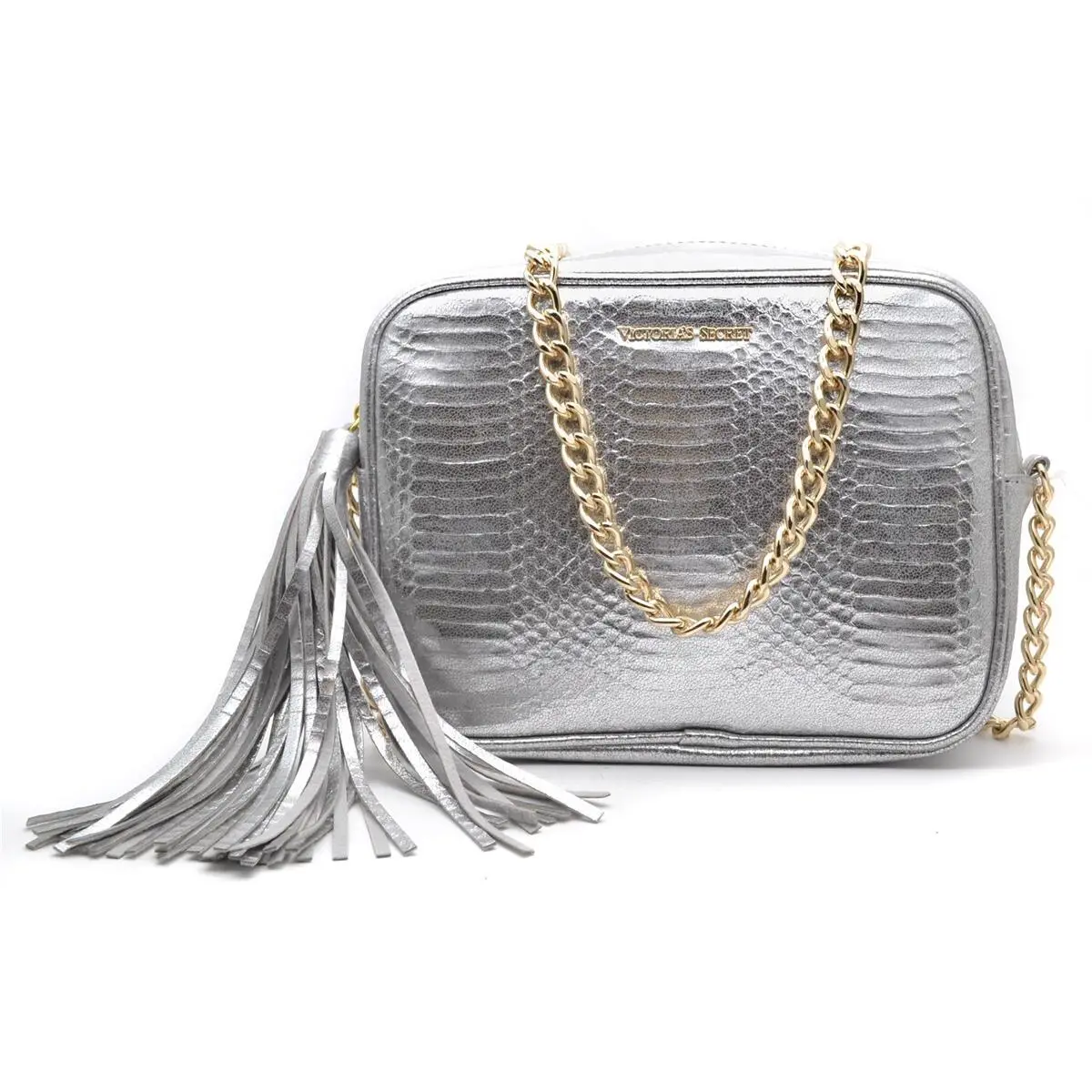 Victoria`s Secret Silver Tassel Crossbody Shoulder Gold Chain Strap Bag Purse