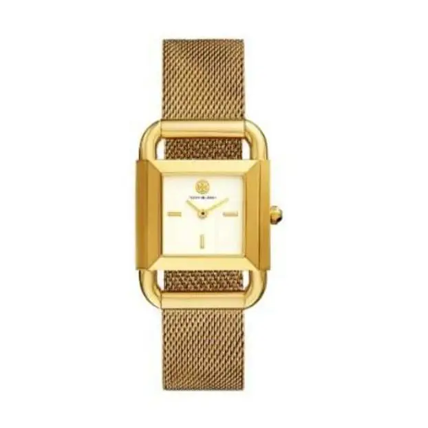 Tory Burch Phipps Womens Gold Watch White Square Dial Flat Mesh Steel Strap