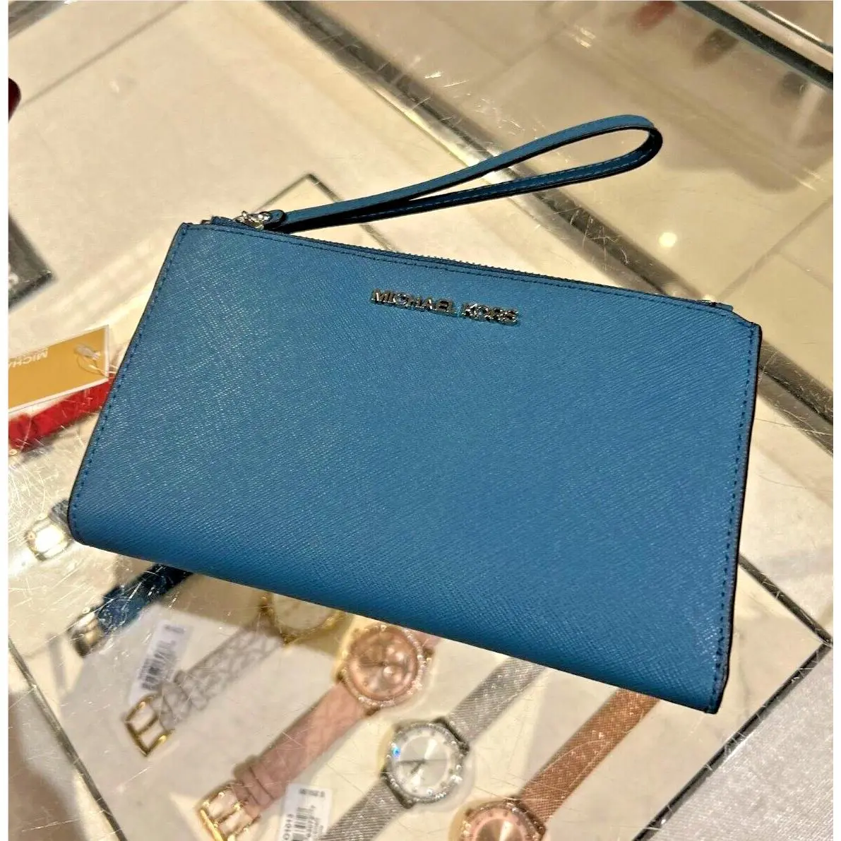 Michael Kors Large Double Zip Wristlet Credit Card Phone Holder Wallet Teal MK