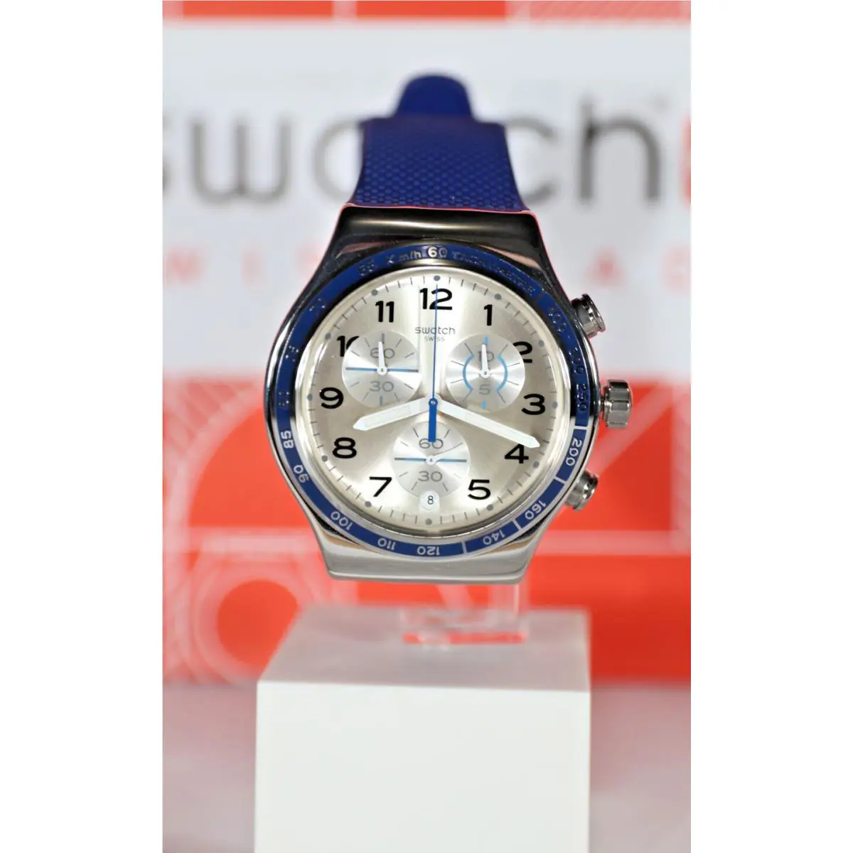 Limited Swiss Swatch Irony Frescoazul Blue Silver Dial Watch YV439 43MM