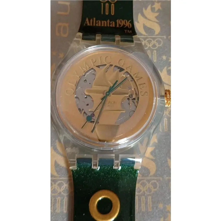 Vtg Hunter Green/gold Swatch Torch Automatic Collectible Watch Moving Hand