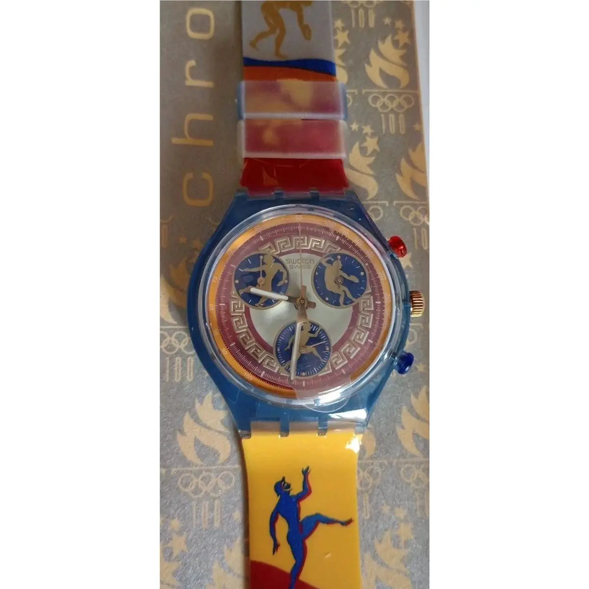 Vtg Swatch Chrono 3 Dial Multi-color `96 Collectible Watch Atlanta Olympics