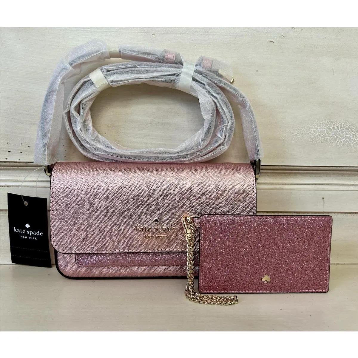 Kate Spade Glimmer Crossbody/card Holder Duo Set Mitten Pink SO Pretty
