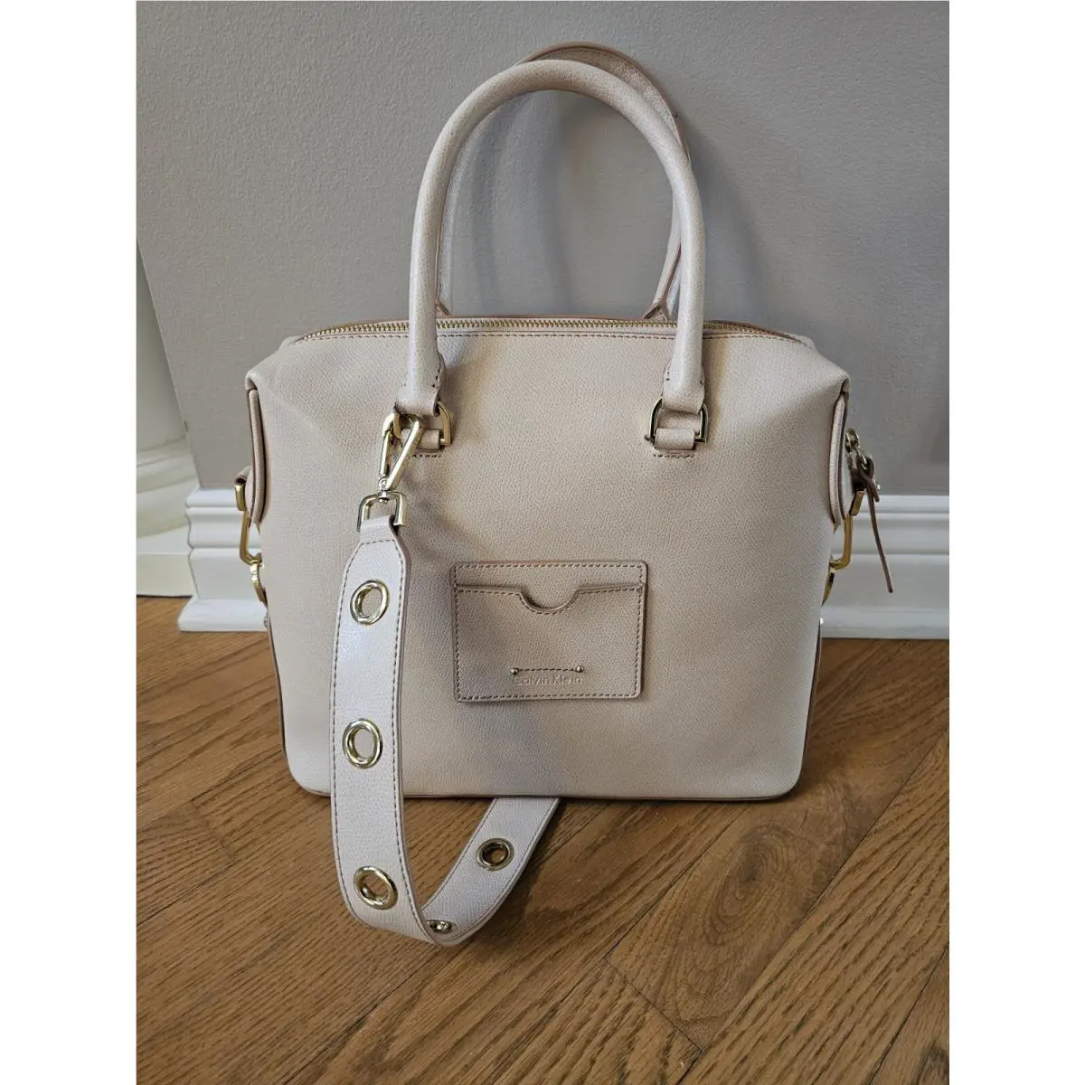 Calvin Klein Sabrina Mercury Natural Leather Satchel Beige Handbag