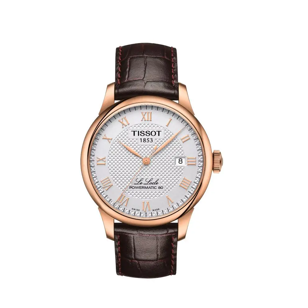 Tissot LE Locle Classic Traditional Silver Dial Men`s Watch T0064073603300 - Dial: Silver, Band: Brown, Bezel: Rose Gold