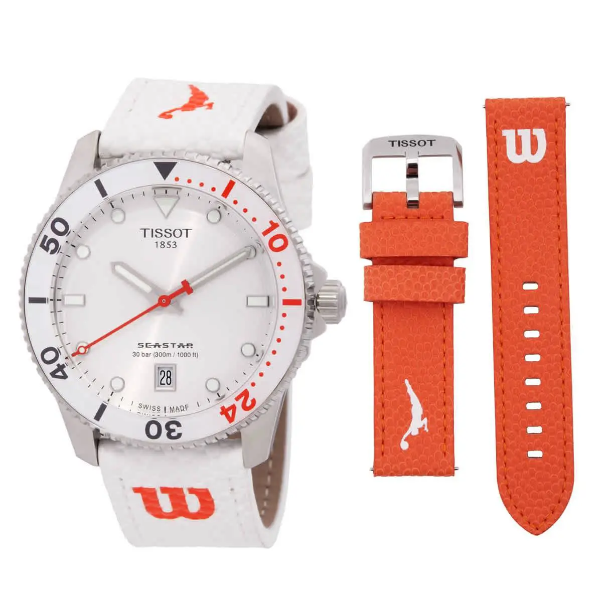 Tissot Seastar 1000 Wilson Wnba Quartz White Dial Unisex Watch T1204101701100 - Dial: White, Band: White/Orange, Bezel: Silver-tone