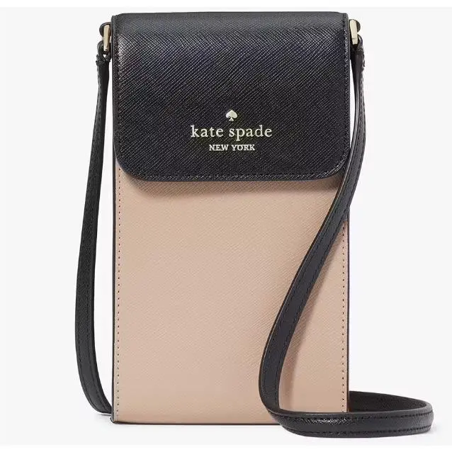 Kate Spade Madison Black Beige Leather Flap Phone Crossbody Bag KC512 Purse