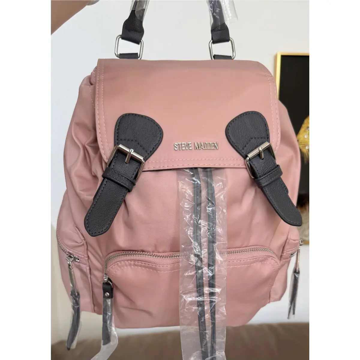 Steve Madden Pink Nylon Backpack Purse with Dark Gray Leather Buckles