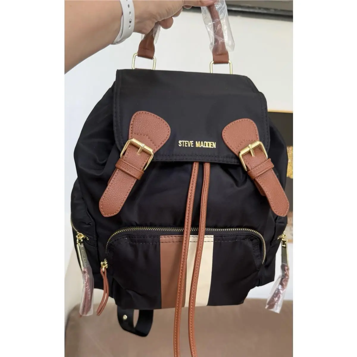 Steve Madden Black Nylon Backpack Purse with Brown Leather Buckles