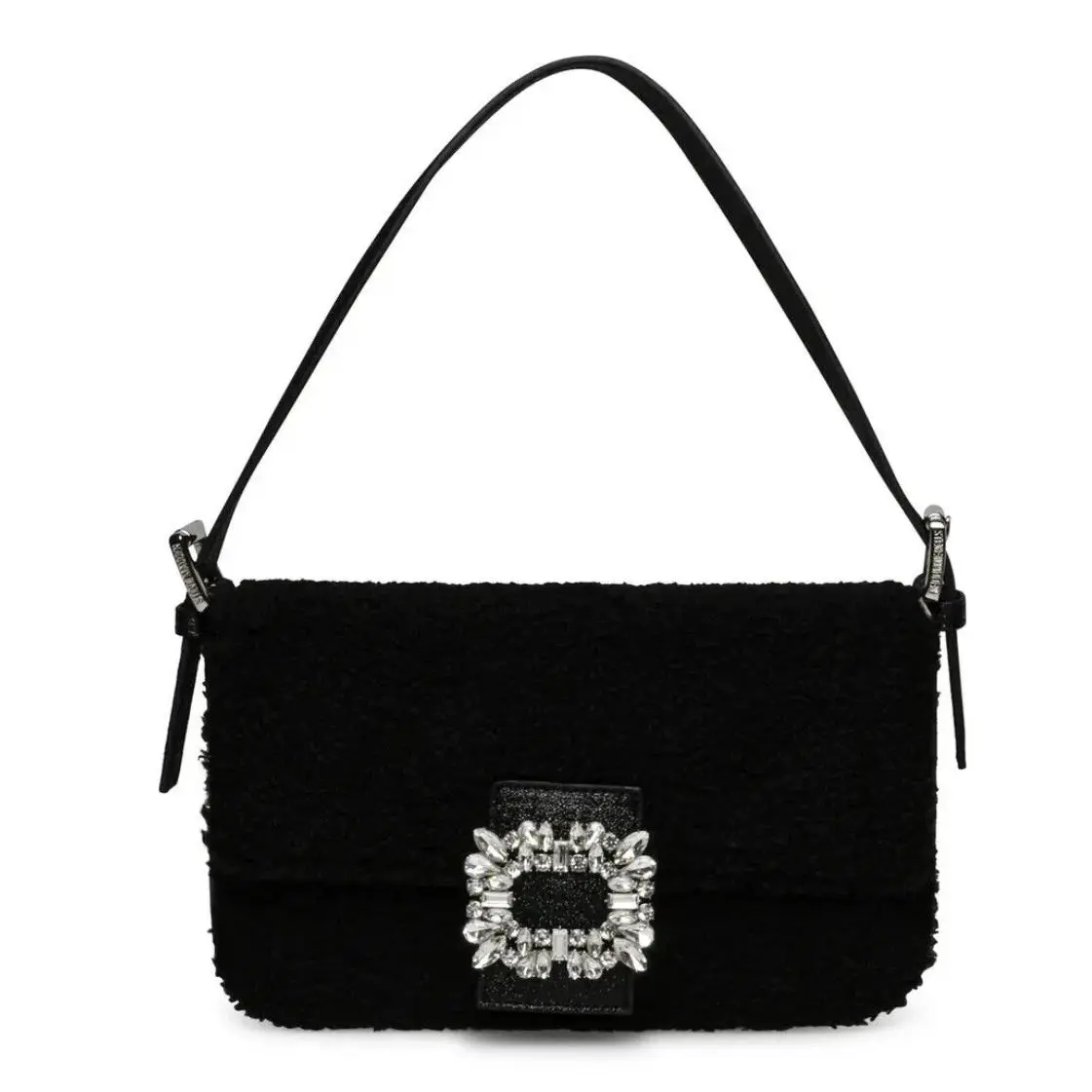 Steve Madden Stevett Black Sherpa Shoulder Bag Rhinestone Jeweled Buckle