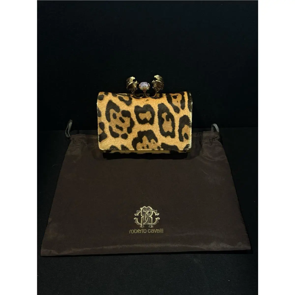 Roberto Cavalli WPB570 ZW031 Pochette Leopard Print w/ 2 Eagles Clutch Bag