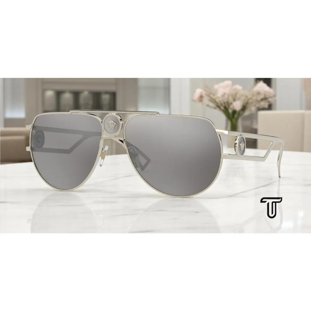 Versace VE2225 12526G Pale Gold Lt Grey Mirror Silver 80 60 mm Men`s Sunglasses
