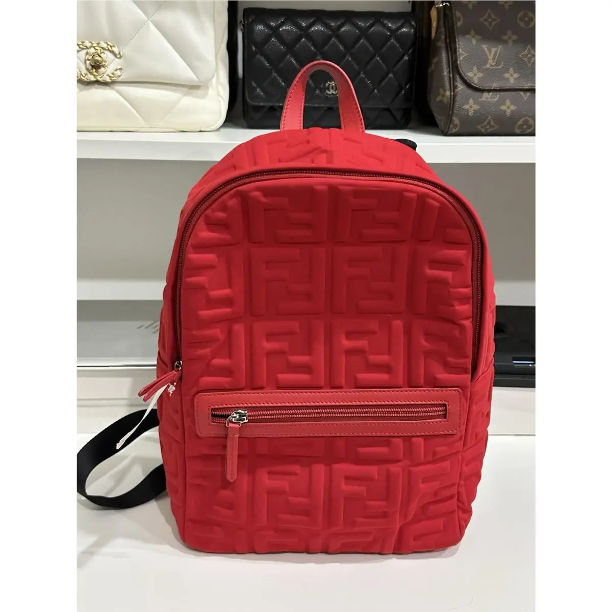 Fendi Econyl Nylon Lycra Vitello Seta FF Embossed Backpack Rosso Small