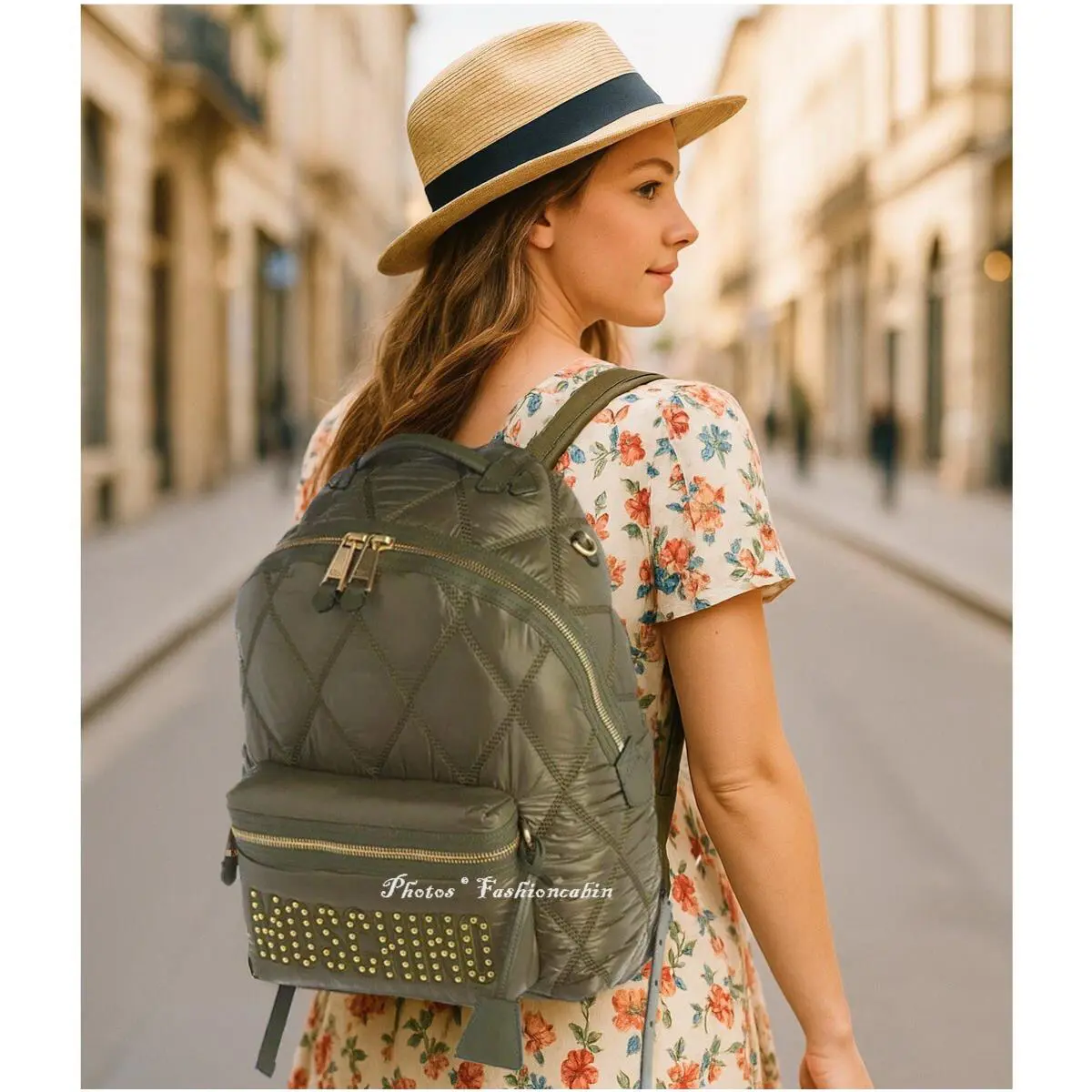Moschino Quilted Logo Nylon Backpack W/studs-travel School Military Green