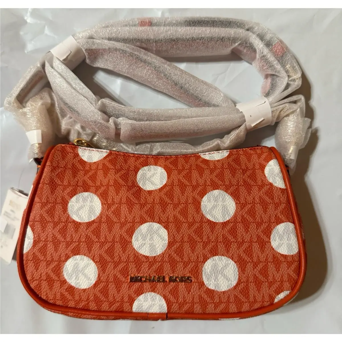 Michael Kors Carmela Polka Dot Sig Logo Small Pouchette Xbody Red