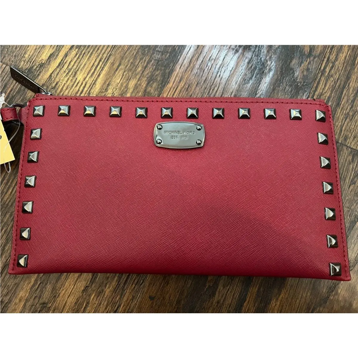 Michael Kors Saffiano Studded Zip Clutch Wristlet Cherry Leather Zipped
