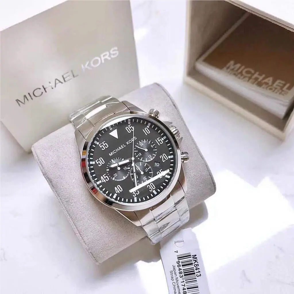 Michael Kors Gage Men`s Silver Tone Black Dial Chronograph Watch MK8413