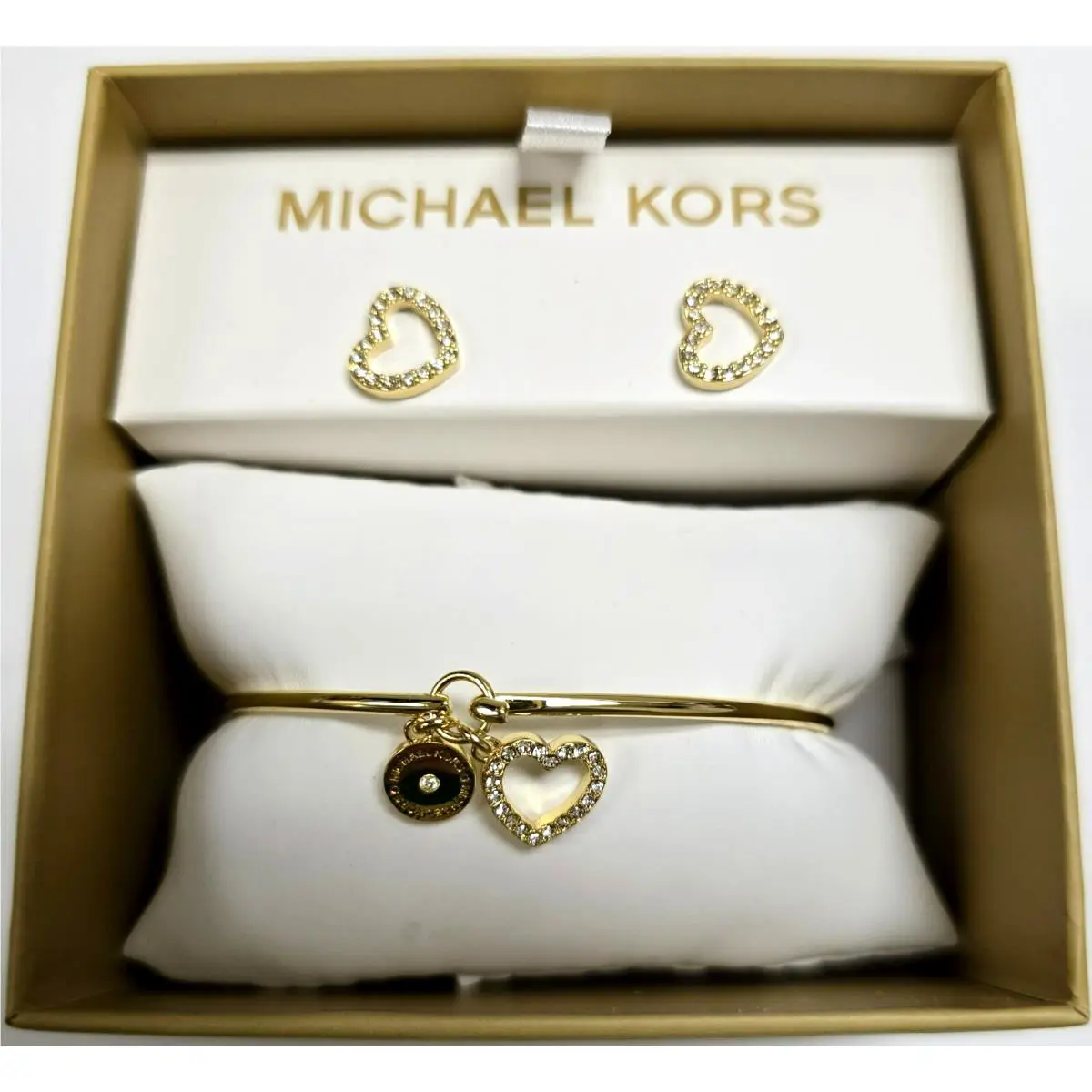 Michael Kors Gold Tone Set OF Pave Crystal Heart Bangle Bracelet Stud Earrings