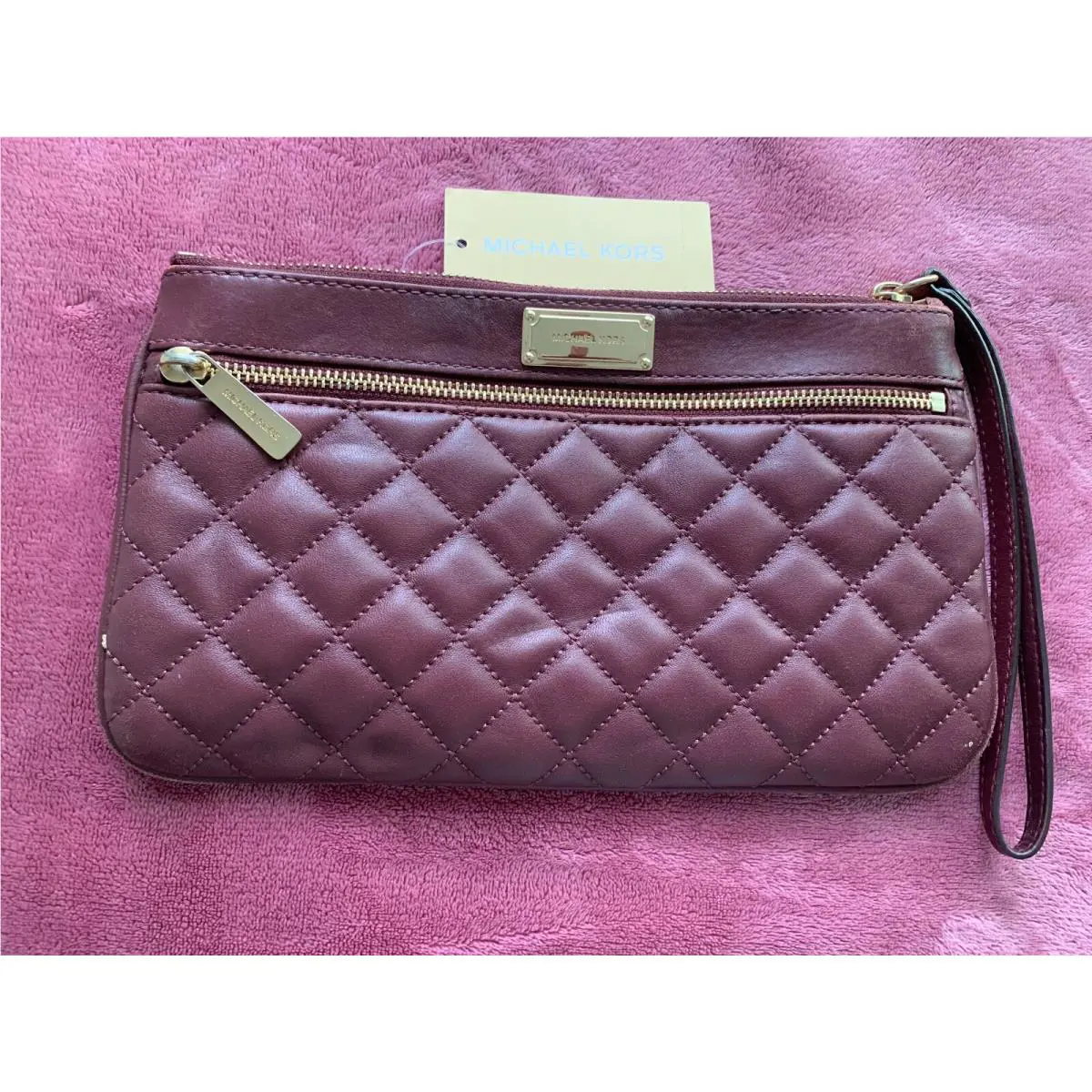 Michael Kors Sophie Quilt Leather Large Zip Clutch Burgundy