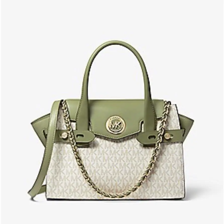 Michael Kors Carmen Small Logo and Leather Belted Satchel Light Sage