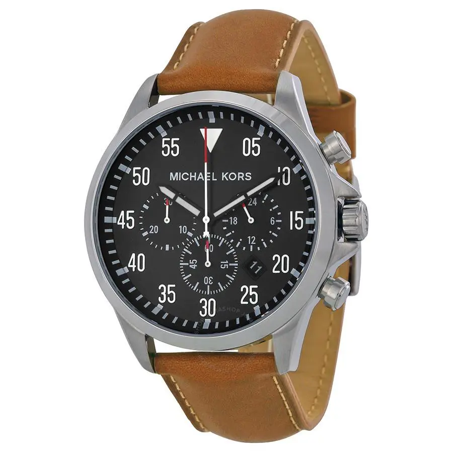 Michael Kors Silver Tone Brown Leather Band Black Dial Chronograph WATCH-MK8333