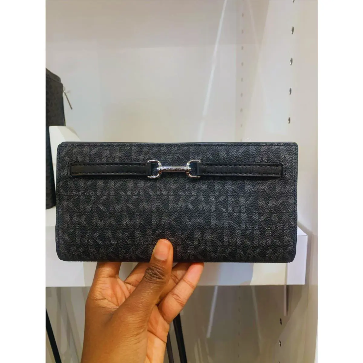 Michael Kors Carson Medium Large MK Signature Zip Pocket Snap Black Flat Wallet