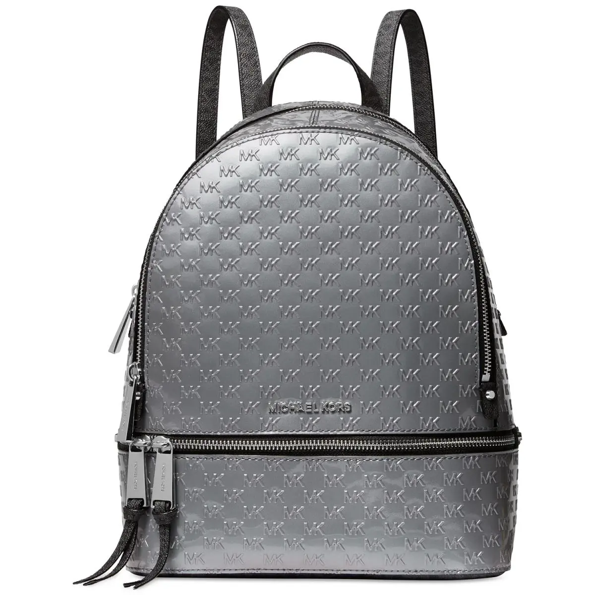 Michael Kors Rhea Zip MK Logo Backpack Metallic Silver Leather Travel Bag