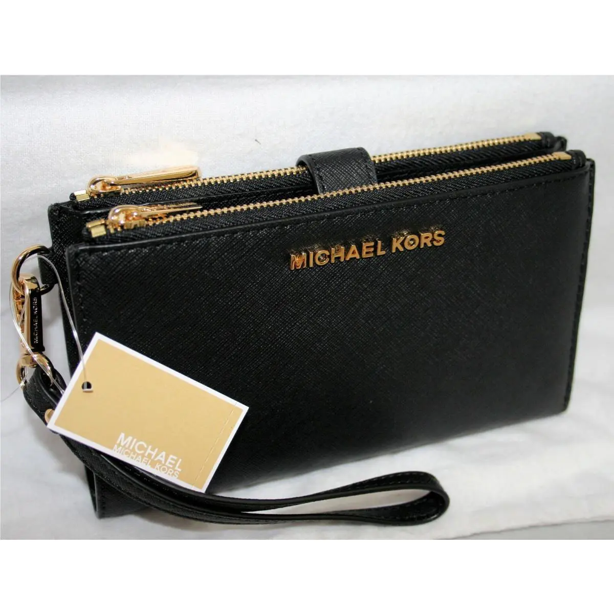 Michael Kors Black Leather Gold Double Zip Wallet Wristlet
