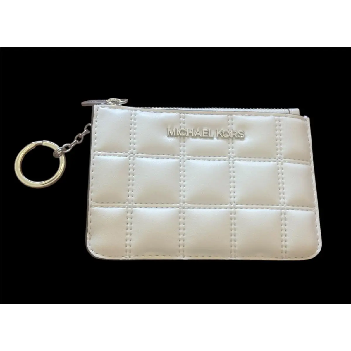 Michael Kors Jet Set Travel Top Zip Coin Pouch W/id-optic White-leather Quilted