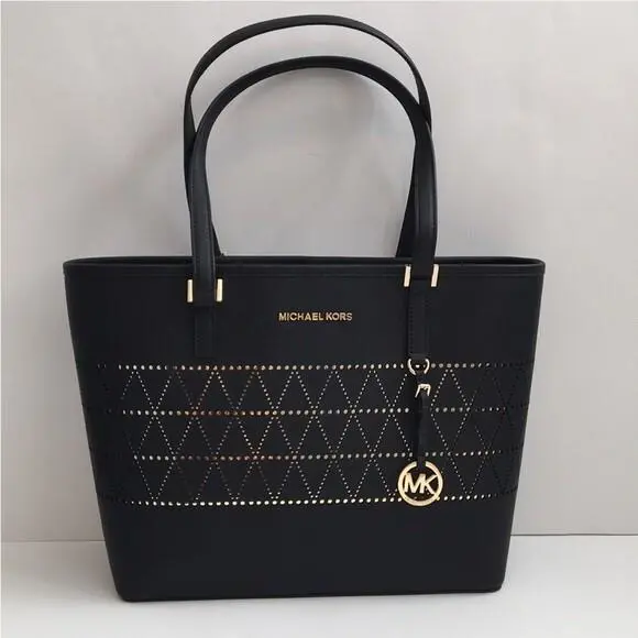 Michael Kors Jet Set Perforated Travel Tote Shoulder Purse - Black / Gold