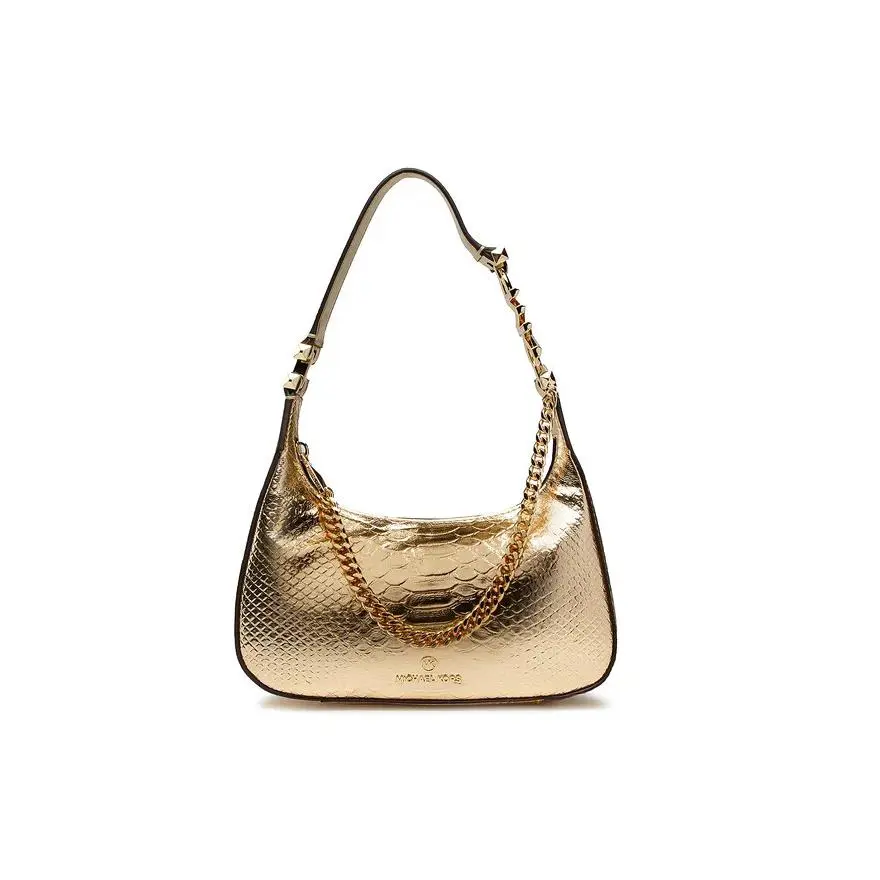 Michael Kors Piper Small Pouchette Snake Embossed Leather Shoulder Bag Pale Gold