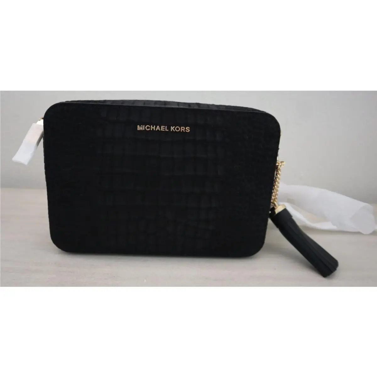 Michael Kors Women`s MD Black Croc Embossed Leather Camera Crossbody Bag