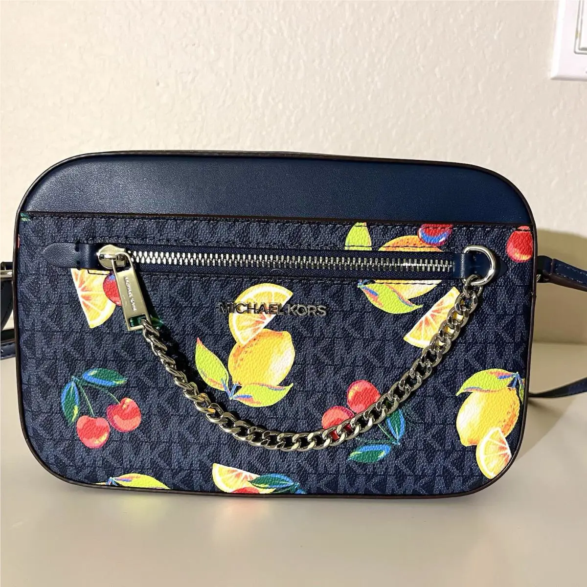 Michael Kors Jet Set Fruit Print Crossbody Purse Bag Navy